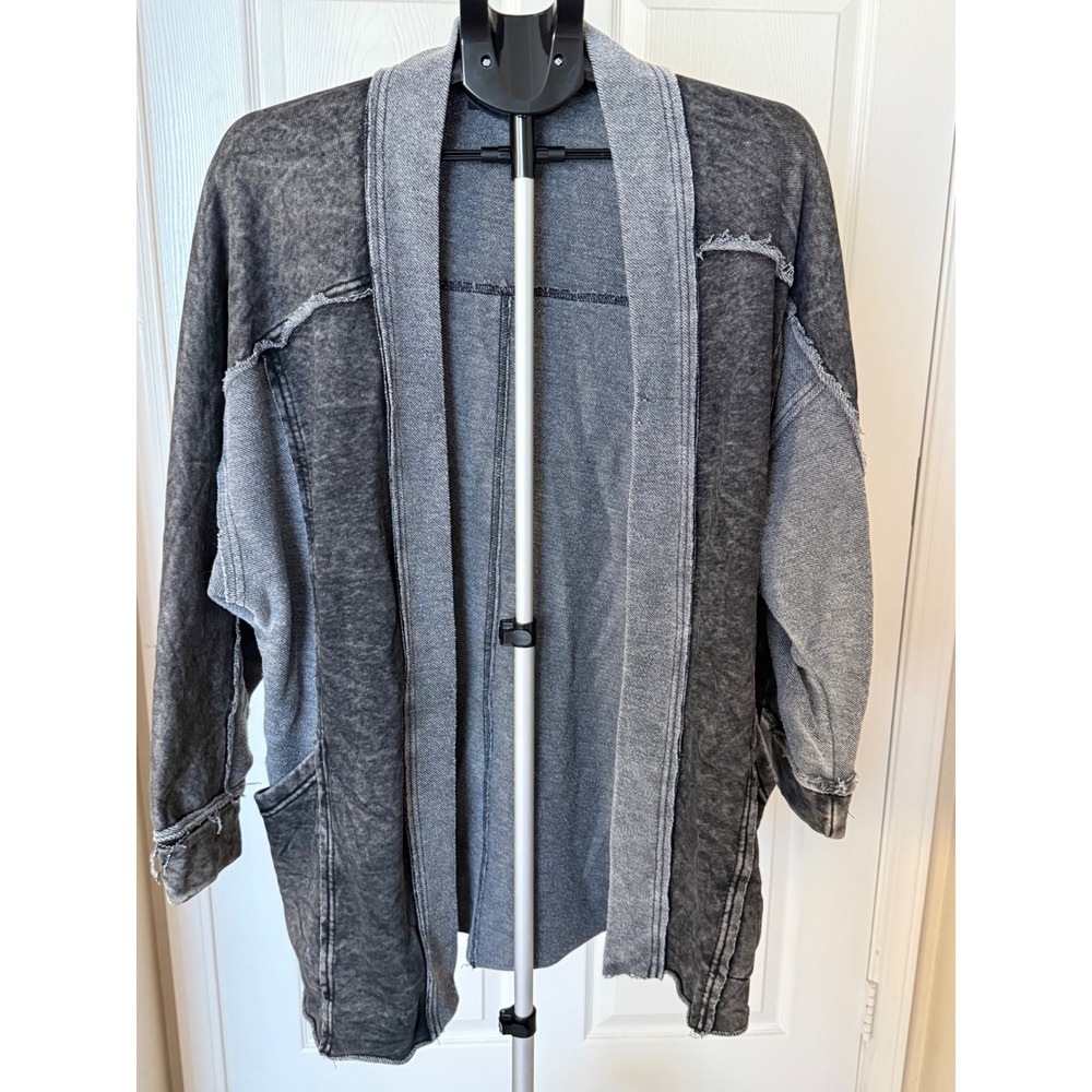 Blue B Collection Acid‎ Wash Open Front Patchwork Cardigan w/ Pockets Grey Large